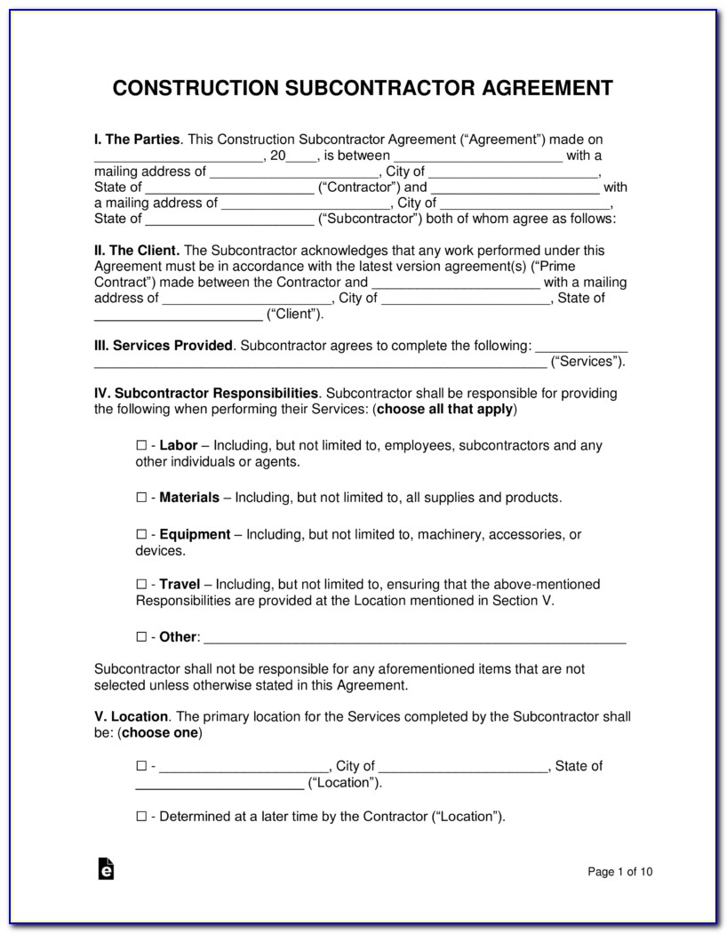 Free Contractor Subcontractor Agreement Forms