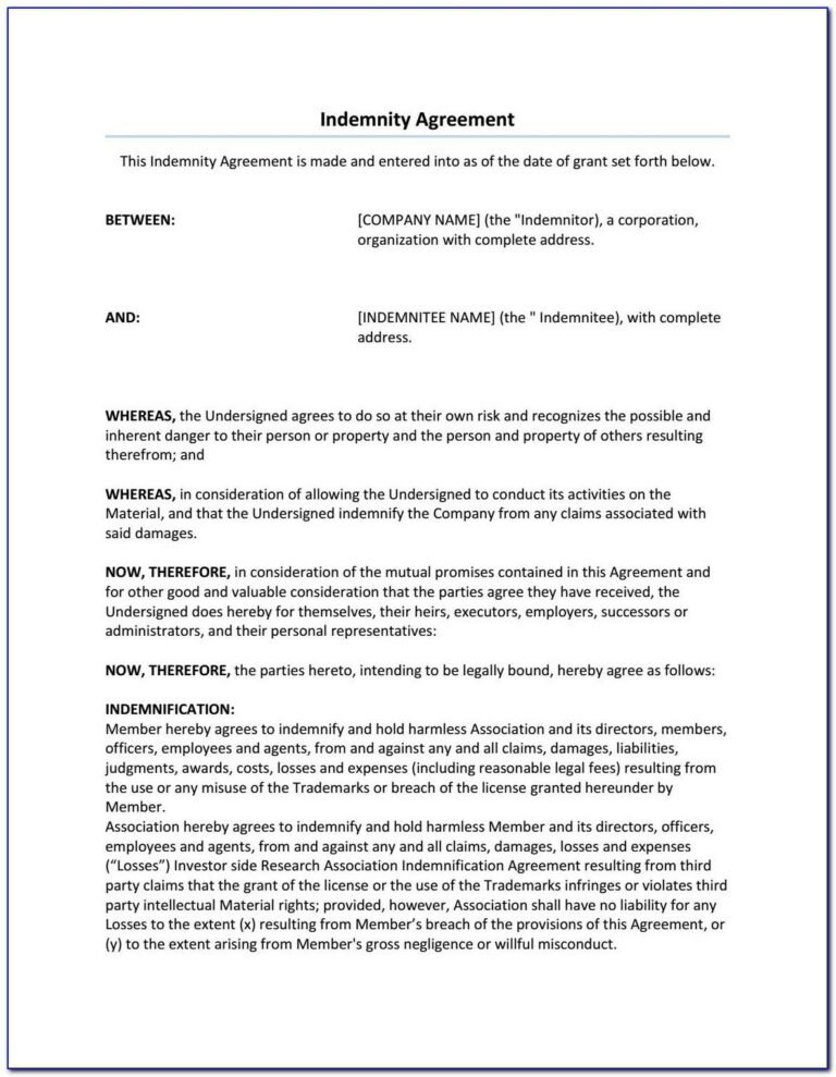 Hold Harmless Indemnification Agreement Template Template Resume
