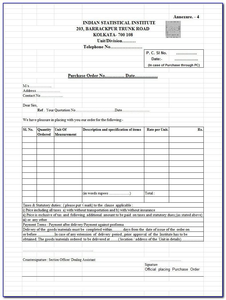 Purchase Order Excel Format Free Download