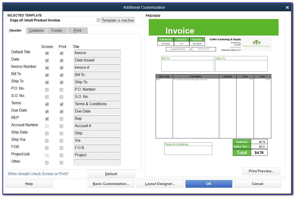 Quickbooks Customize Invoice Columns