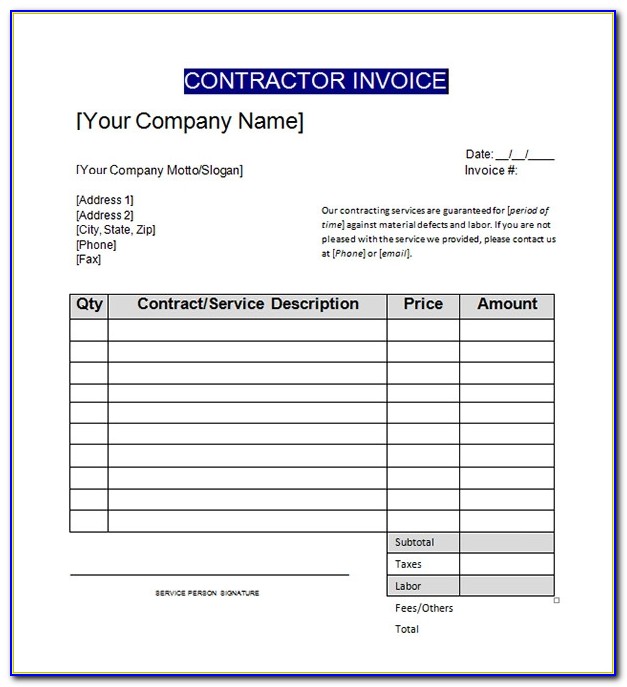 Sample Contractor Invoice Excel