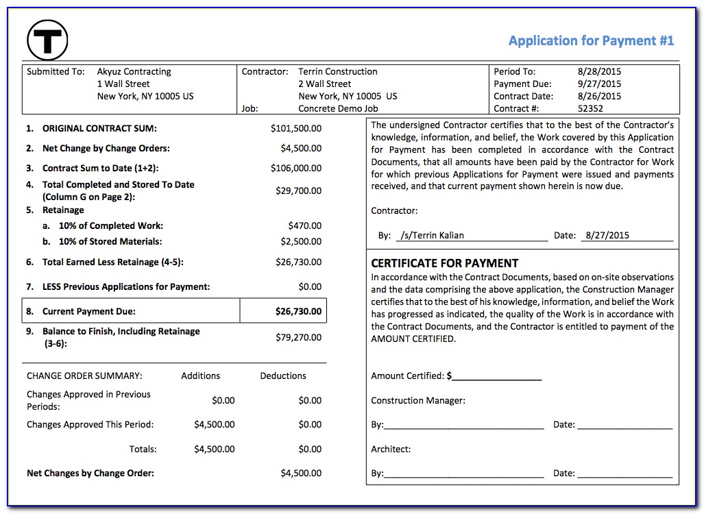 Aia G702 Application For Payment Template For Excel Aia Format Invoice