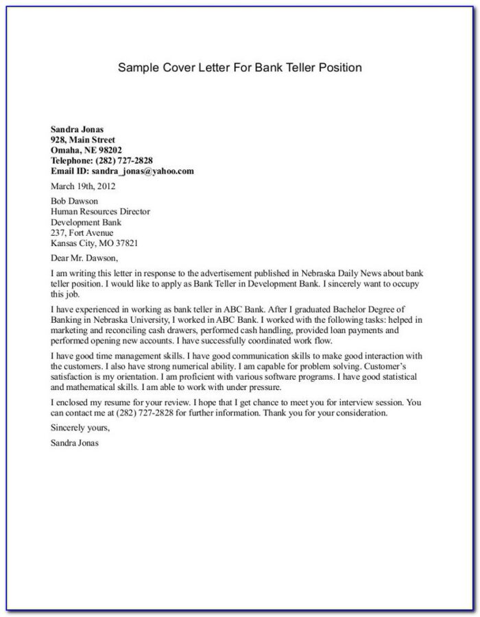 Bank Teller Cover Letter Sample