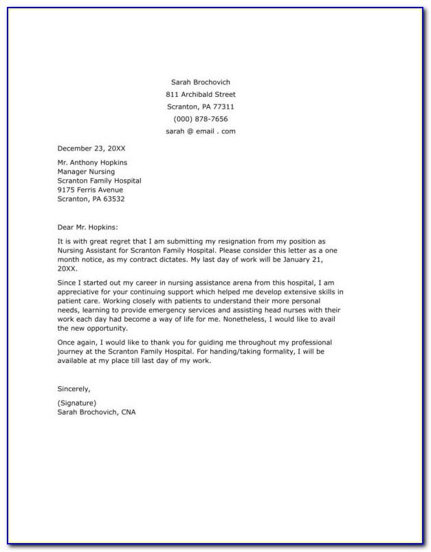Cna Resignation Letter To Prn