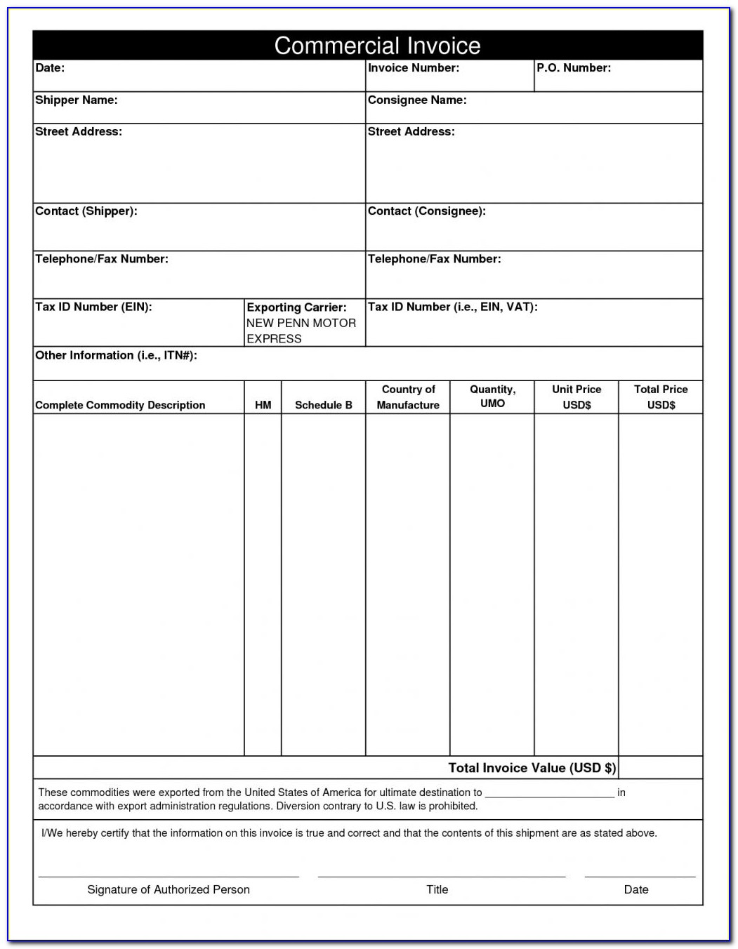 Commercial Invoice Template Fillable Pdf