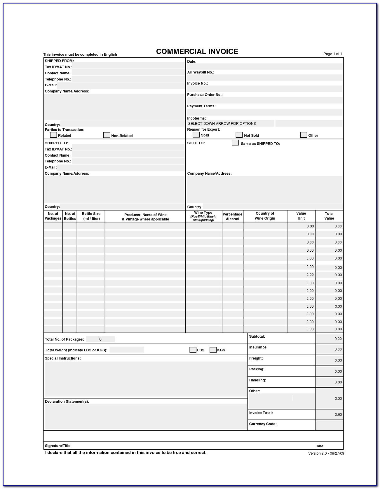 Commercial Invoice Template Pdf Filler