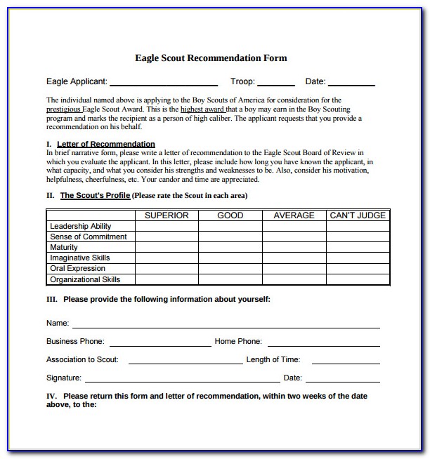 Eagle Scout Letter Of Recommendation Form