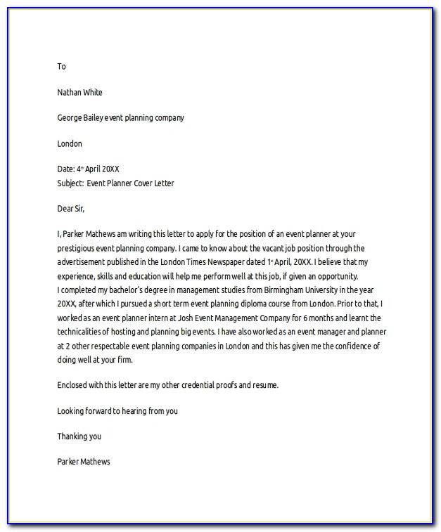 Event Planner Cover Letter Template