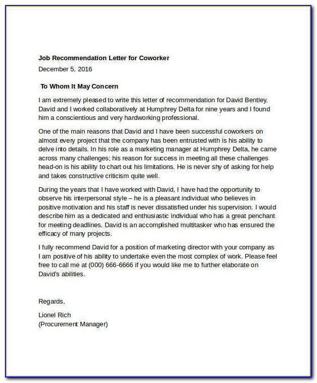 Free Sample Letter Of Recommendation For Coworker