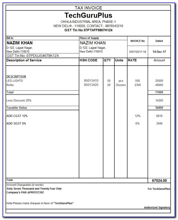 Gst Invoice Template Word Format
