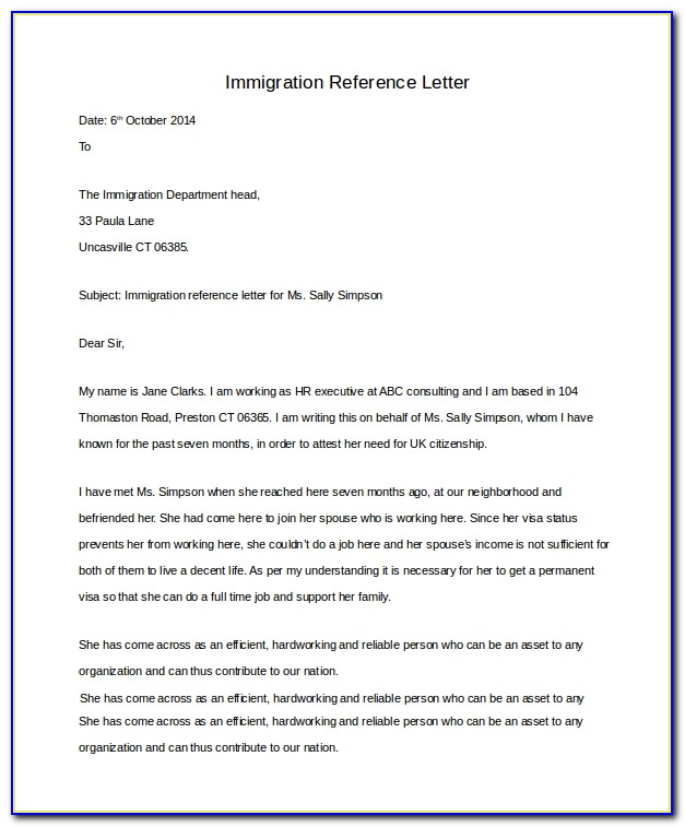 Immigration Reference Letter Example