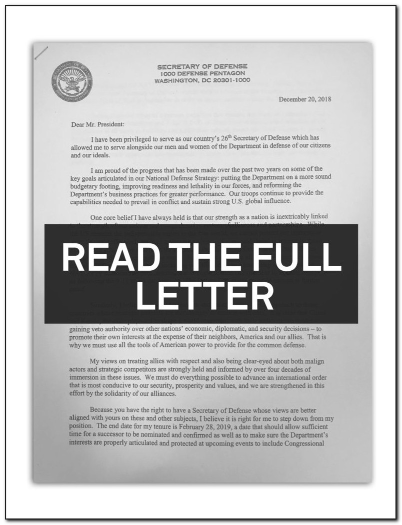 Jim Mattis Resignation Letter