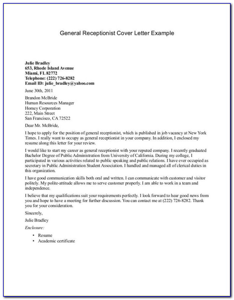 Medical Receptionist Cover Letter Sample No Experience