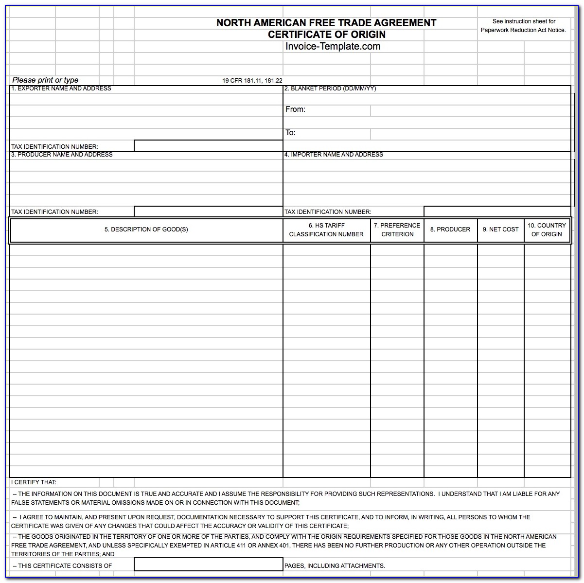 Nafta Commercial Invoice Template