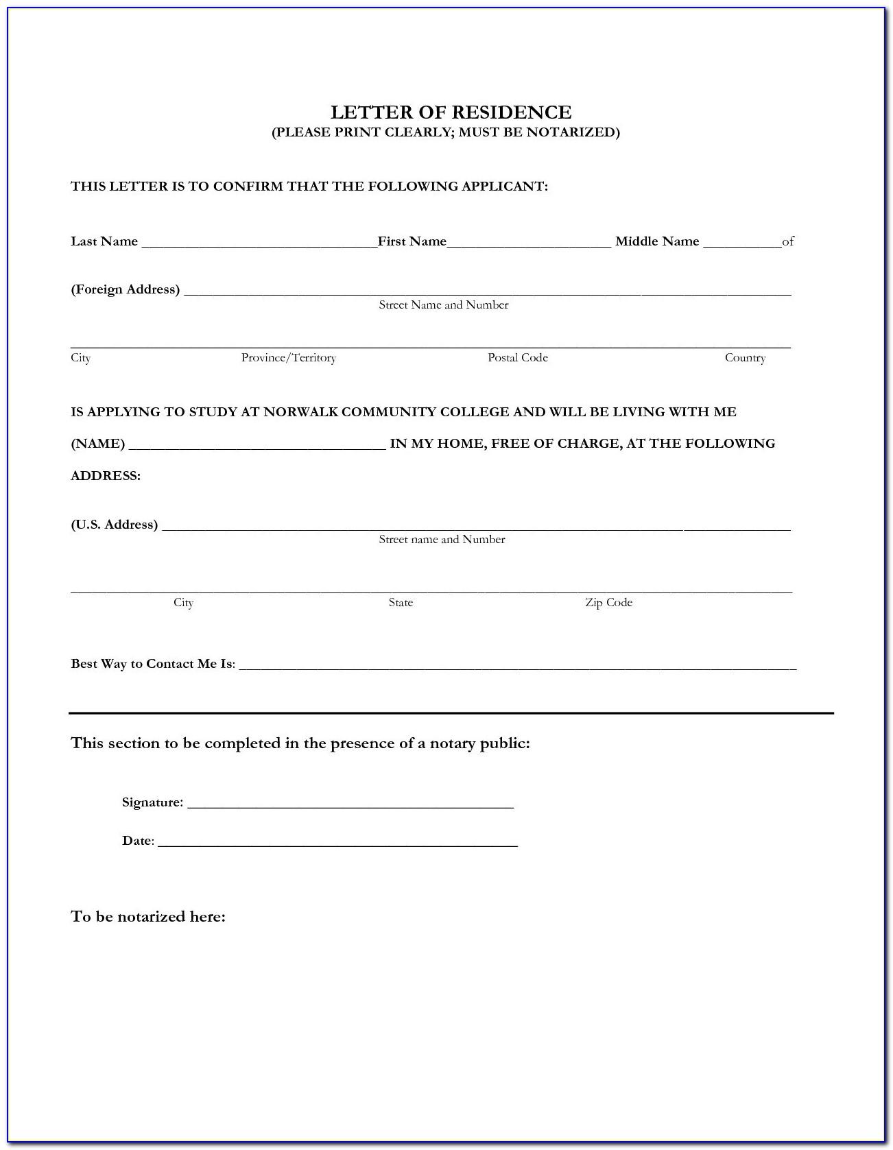 Notarized Letter Of Residency Form