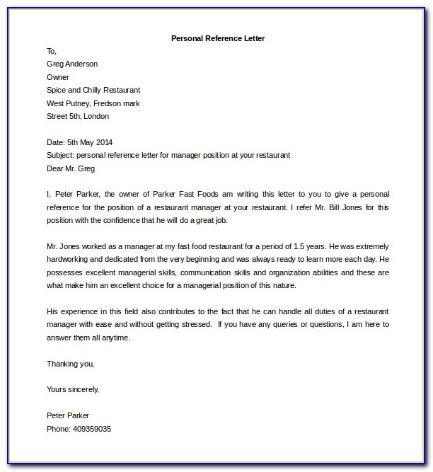 Personal Reference Letter Template Word