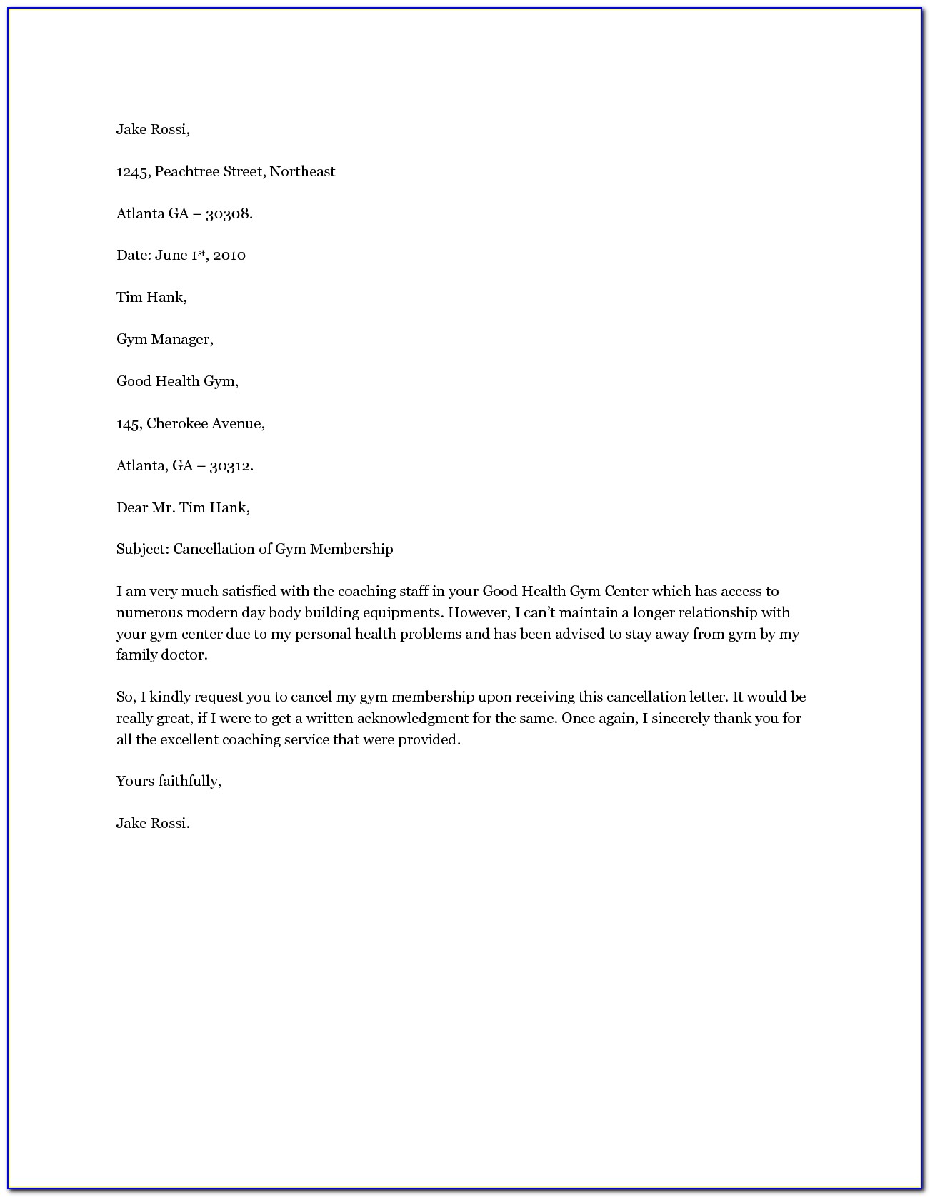 Planet Fitness Cancellation Form Letter