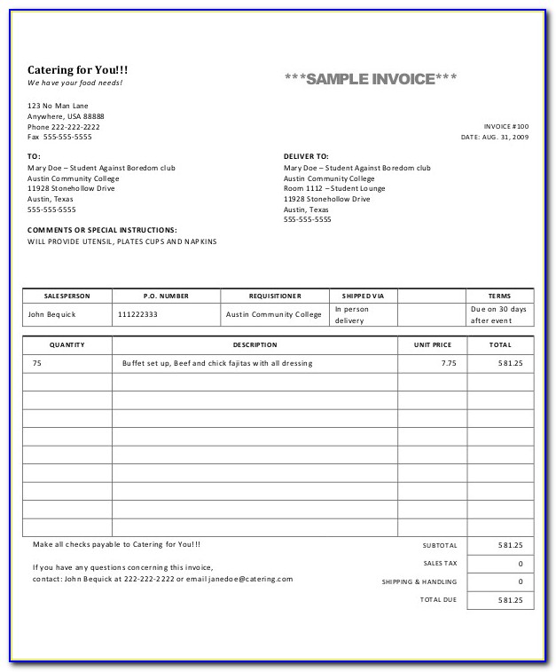 Sample Invoice For Food Catering