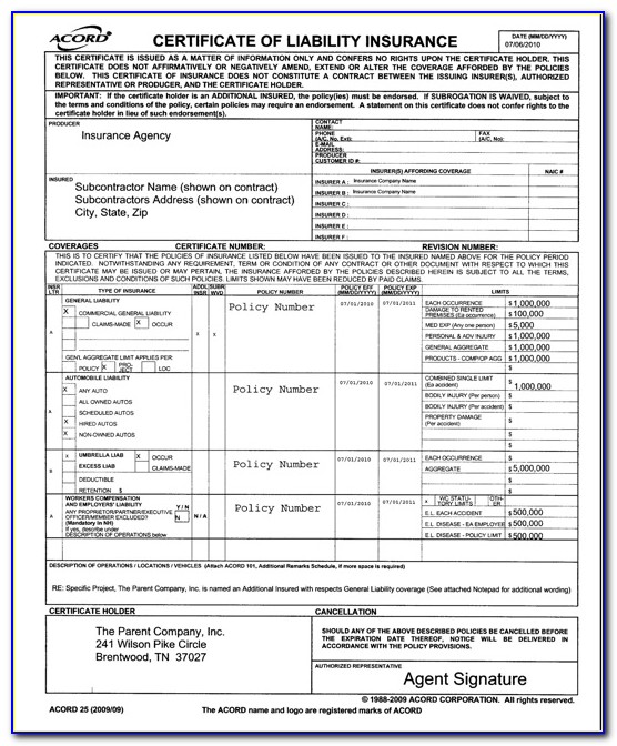 Acord Certificate Of Liability Insurance 2020 Form