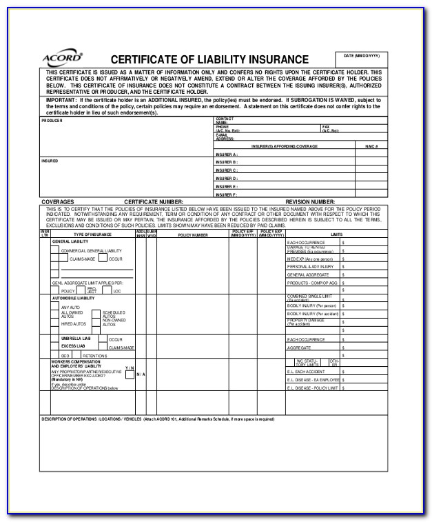 Acord Certificate Of Liability Insurance 2020