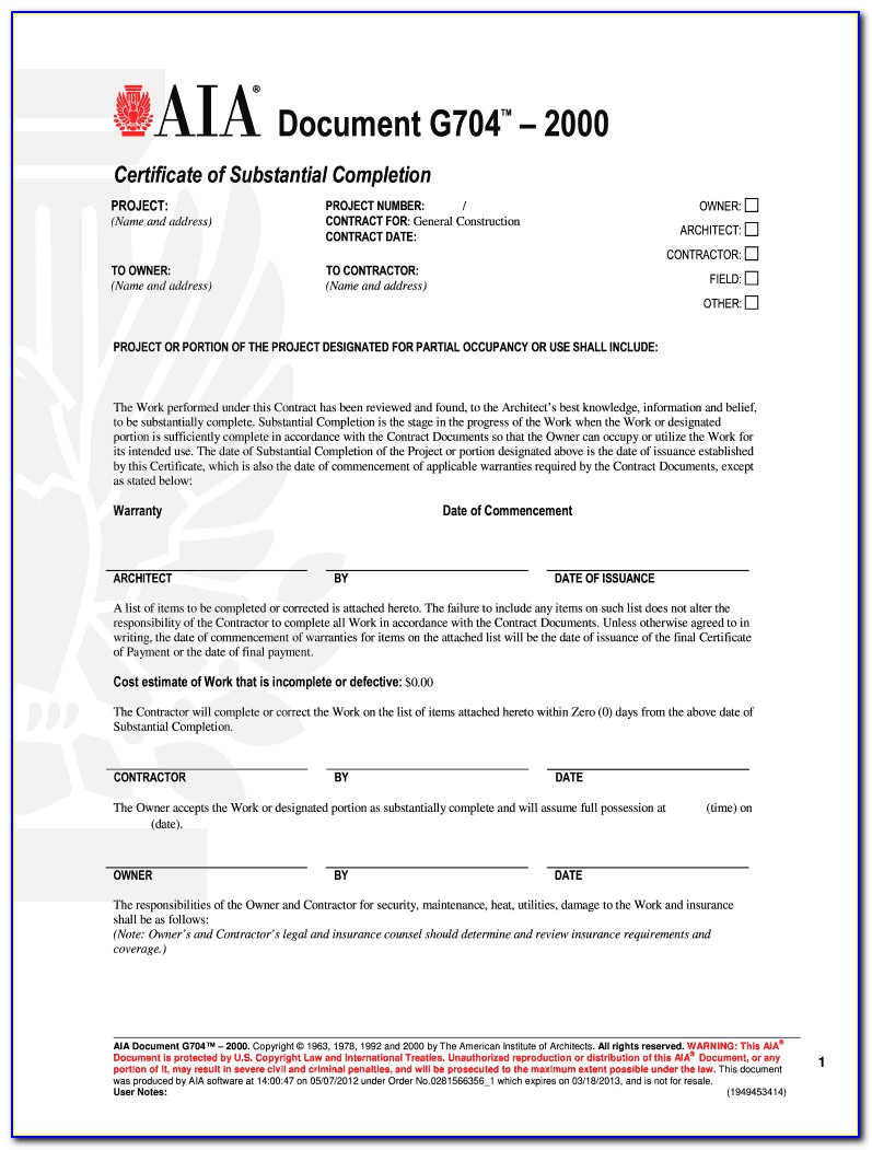 Aia Certificate Of Substantial Completion Instructions
