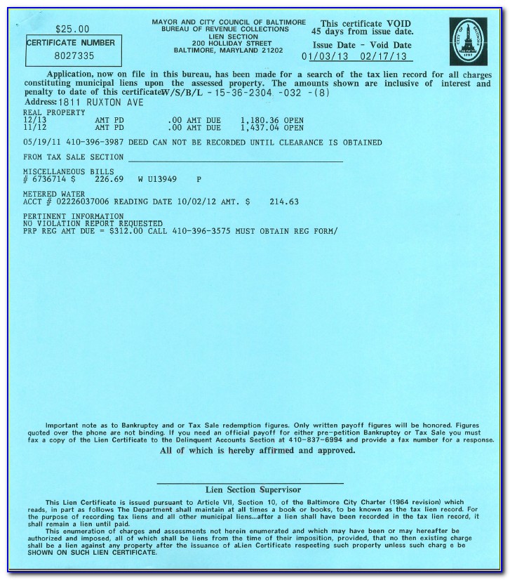 Baltimore City Lien Certificate Request