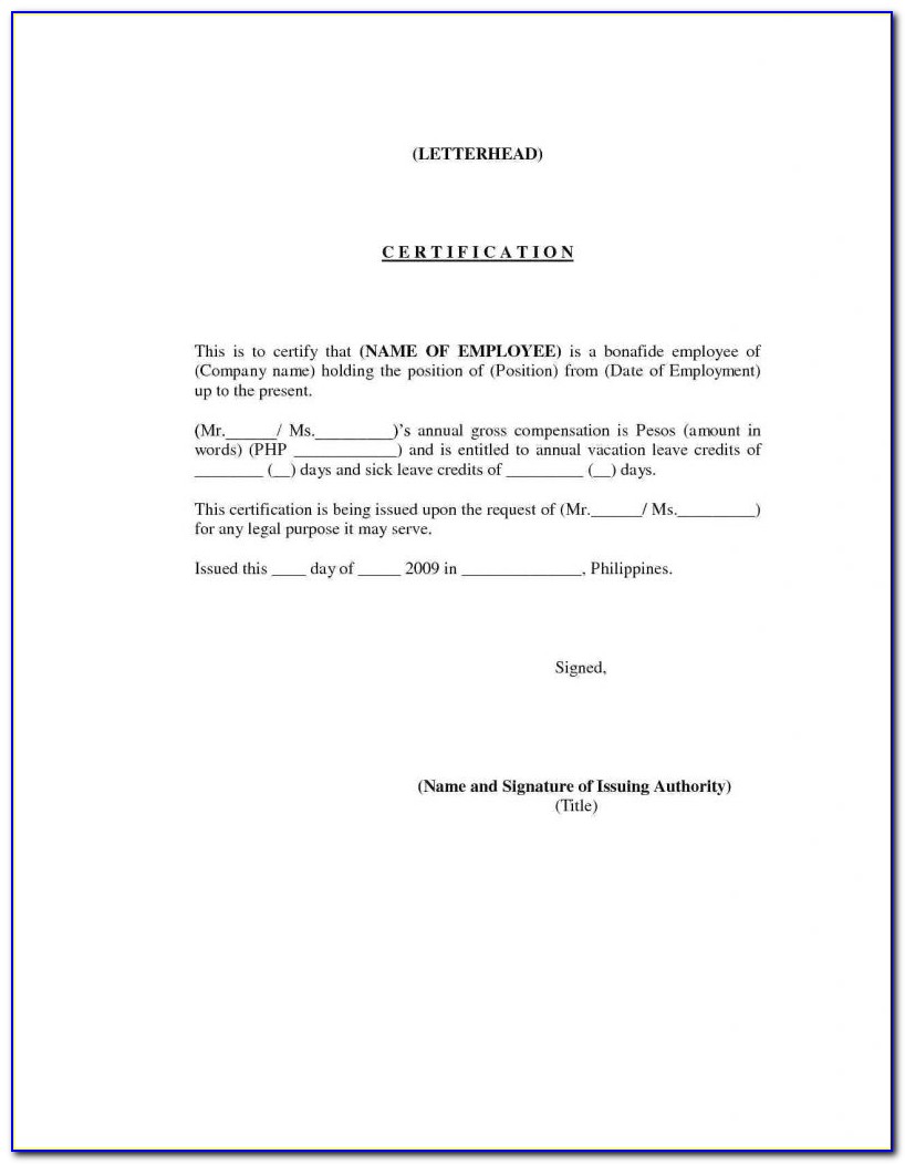 Certificate Of Employment Sample Doc