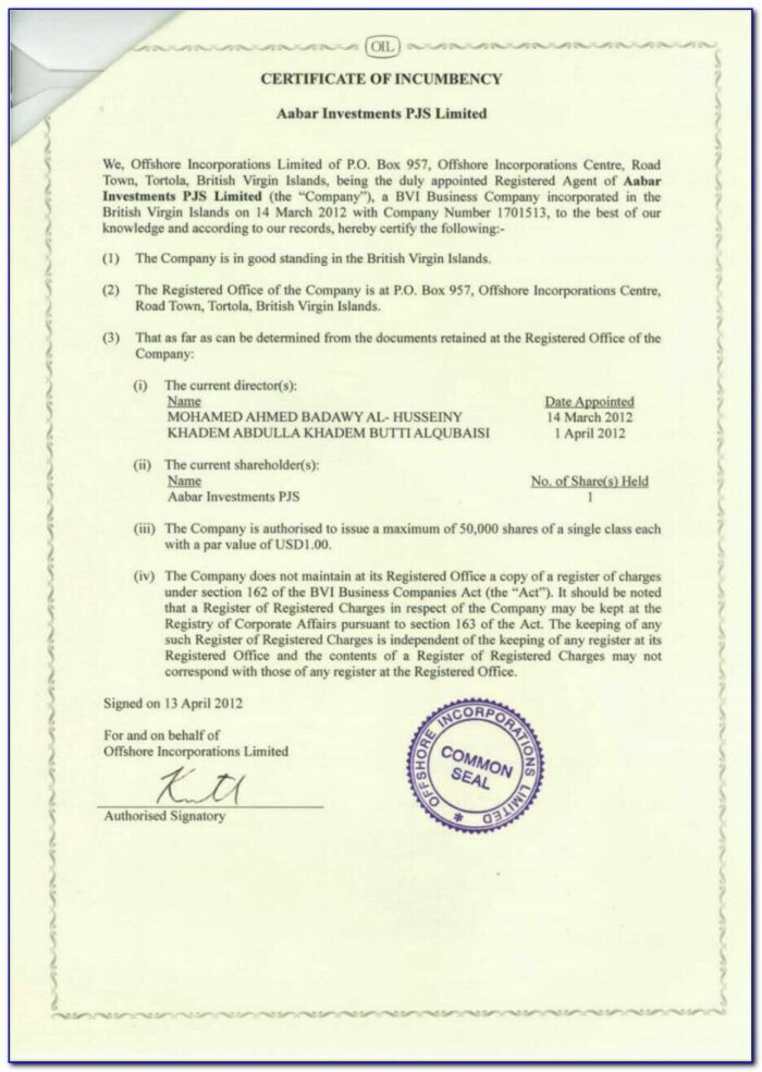 Certificate Of Incumbency Draft