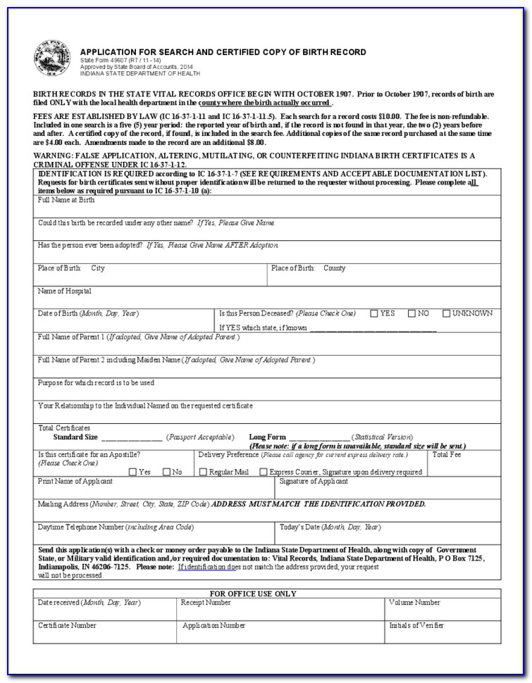 Marion County Indiana Birth Certificate Application