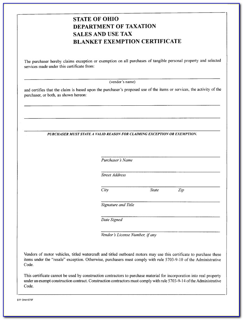 Ohio Blanket Exemption Certificate Fillable
