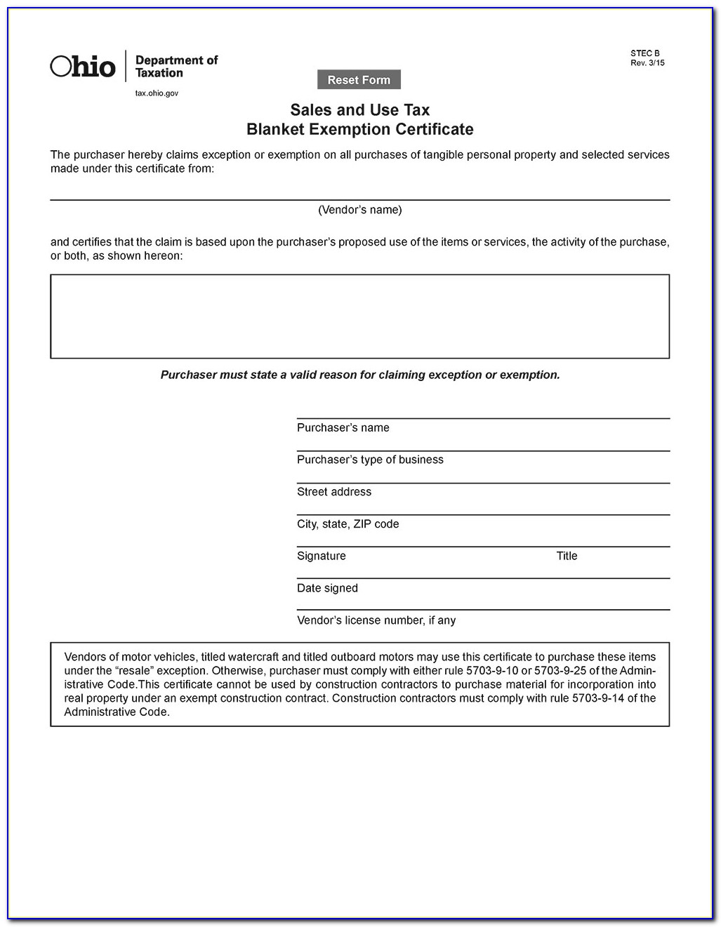 Ohio Blanket Tax Exemption Certificate