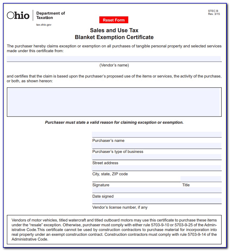 Ohio Sales Blanket Exemption Certificate