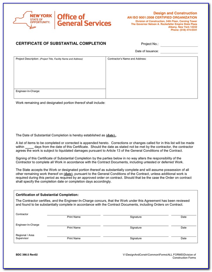 Sample Aia Certificate Of Substantial Completion