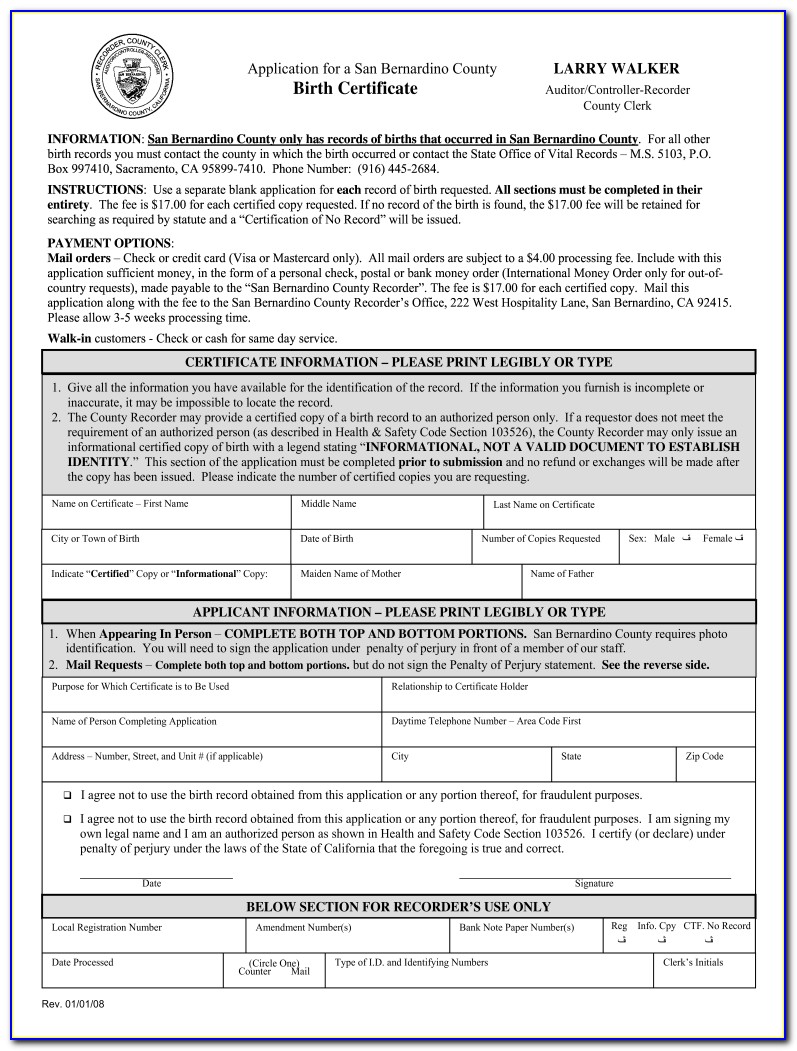 San Bernardino Birth Certificate Application