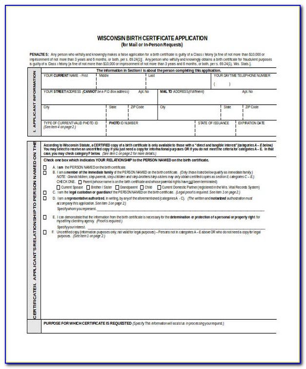 State Of Wisconsin Birth Certificate Application
