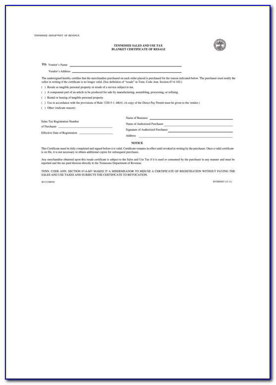 Tennessee Resale Certificate Pdf