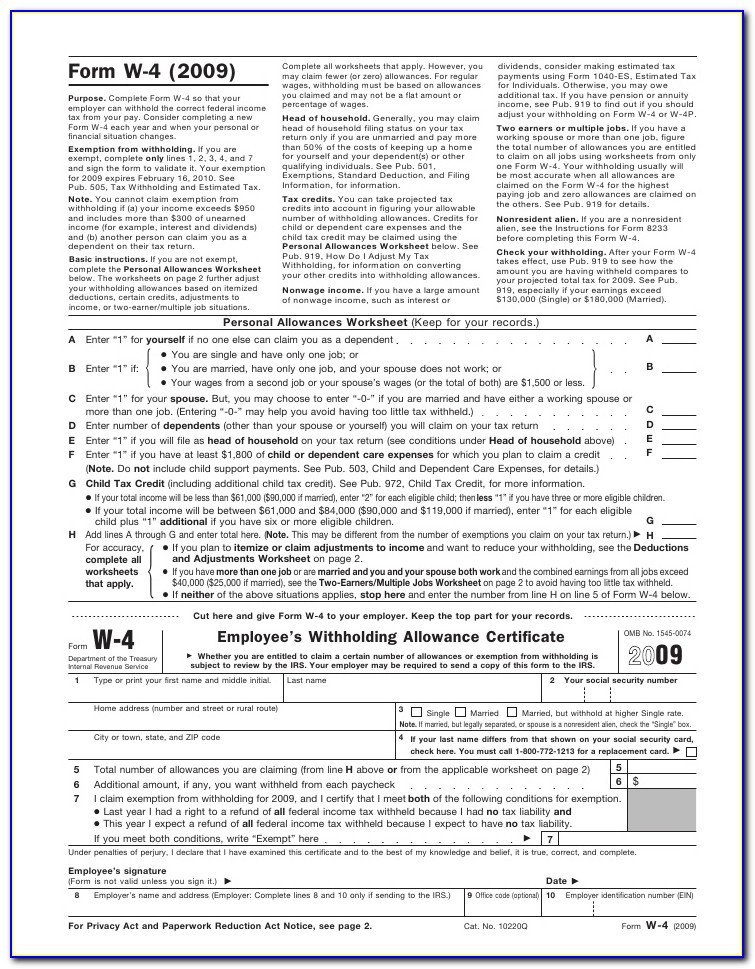 W 4 Employee's Withholding Allowance Certificate Form
