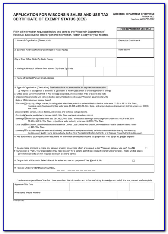 Wisconsin Sales And Use Tax Exemption Certificate Fill In