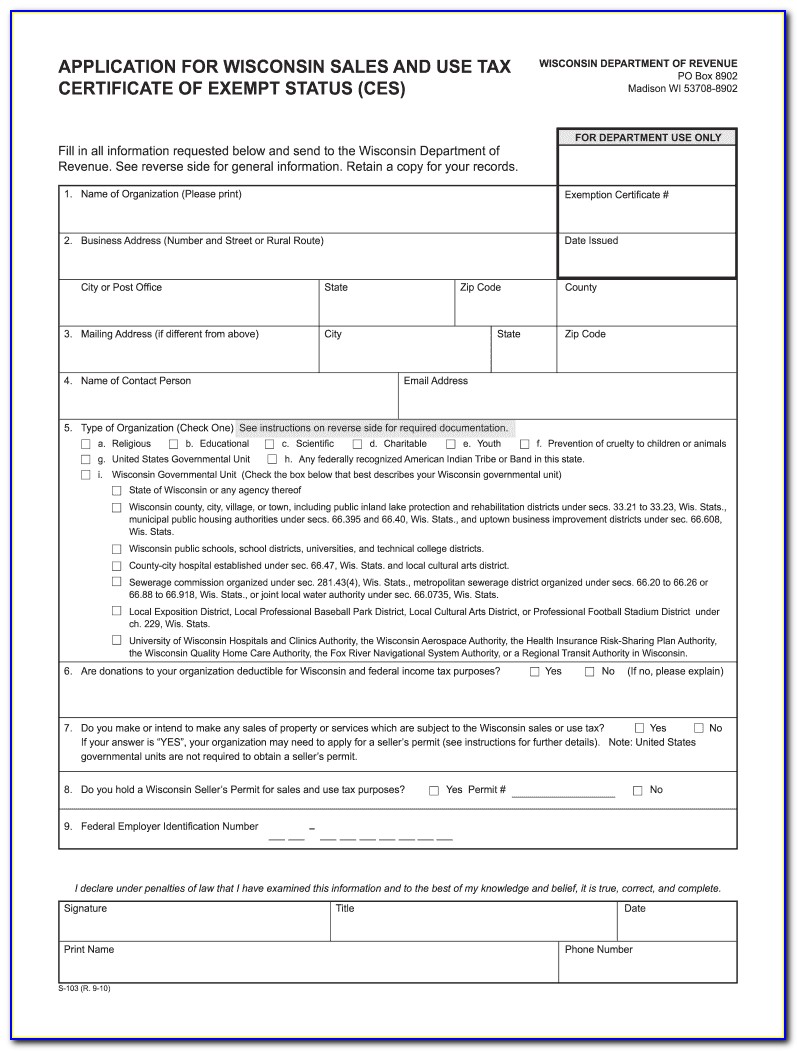 Wisconsin Sales And Use Tax Exemption Certificate Fillable