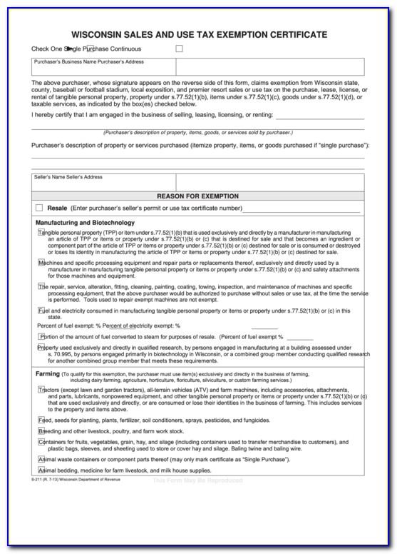 Wisconsin Sales And Use Tax Exemption Certificate Printable