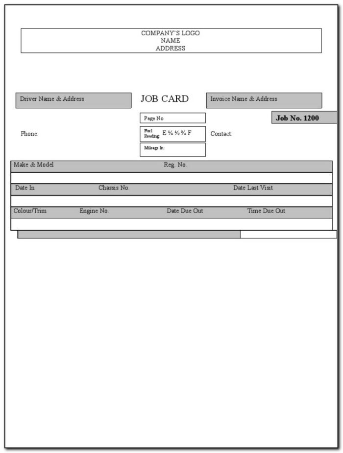 Workshop Job Card Template Free