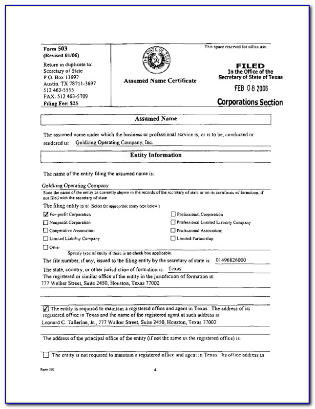 Assumed Name Certificate Texas Sole Proprietorship Form