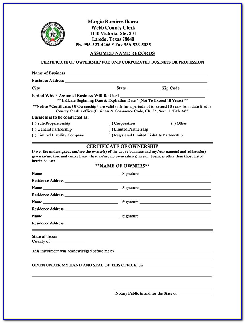 Assumed Name Certificate Texas Sole Proprietorship Harris County