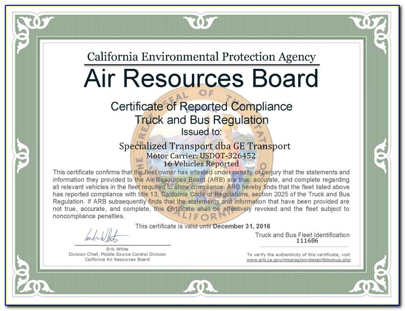 Carb Certificate Of Reported Compliance
