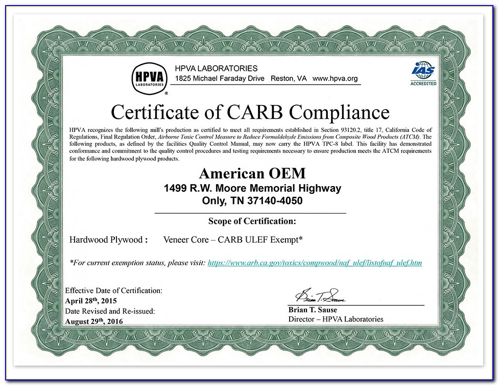 Carb Compliance Certificate California