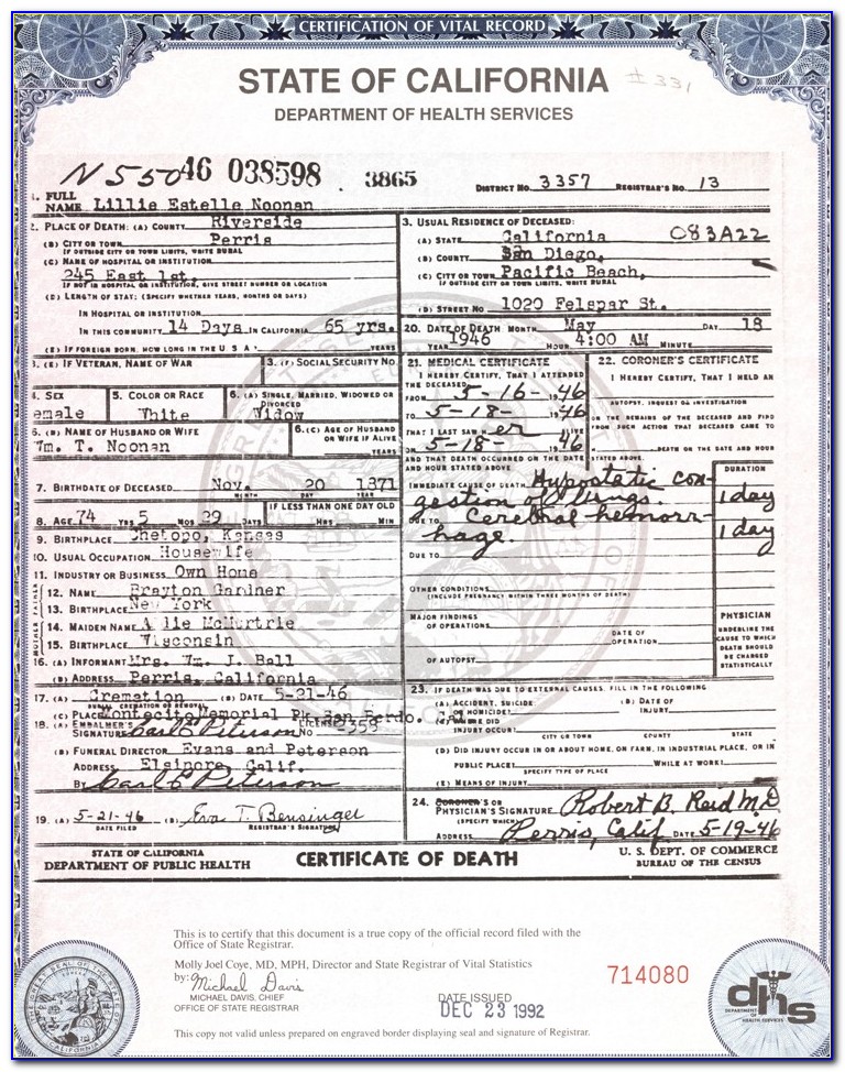Certified Copy Of Death Certificate San Bernardino County