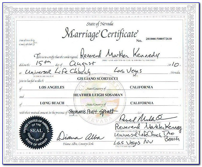 Certified Marriage Certificate Las Vegas Nevada