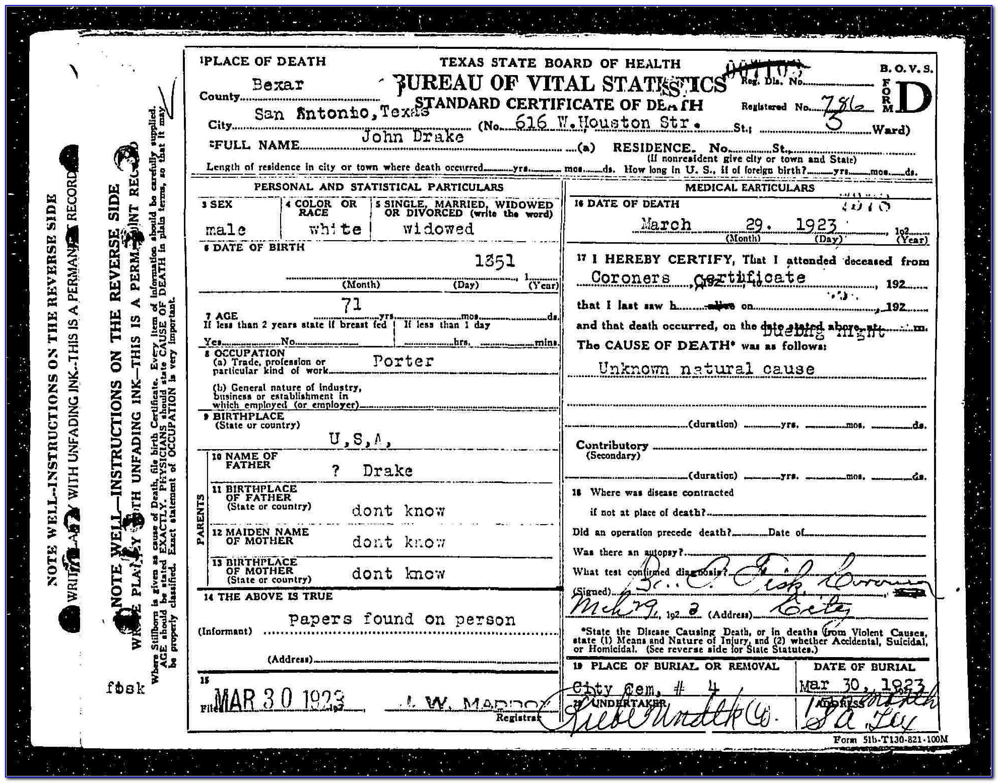 Copy Of Death Certificate Bexar County