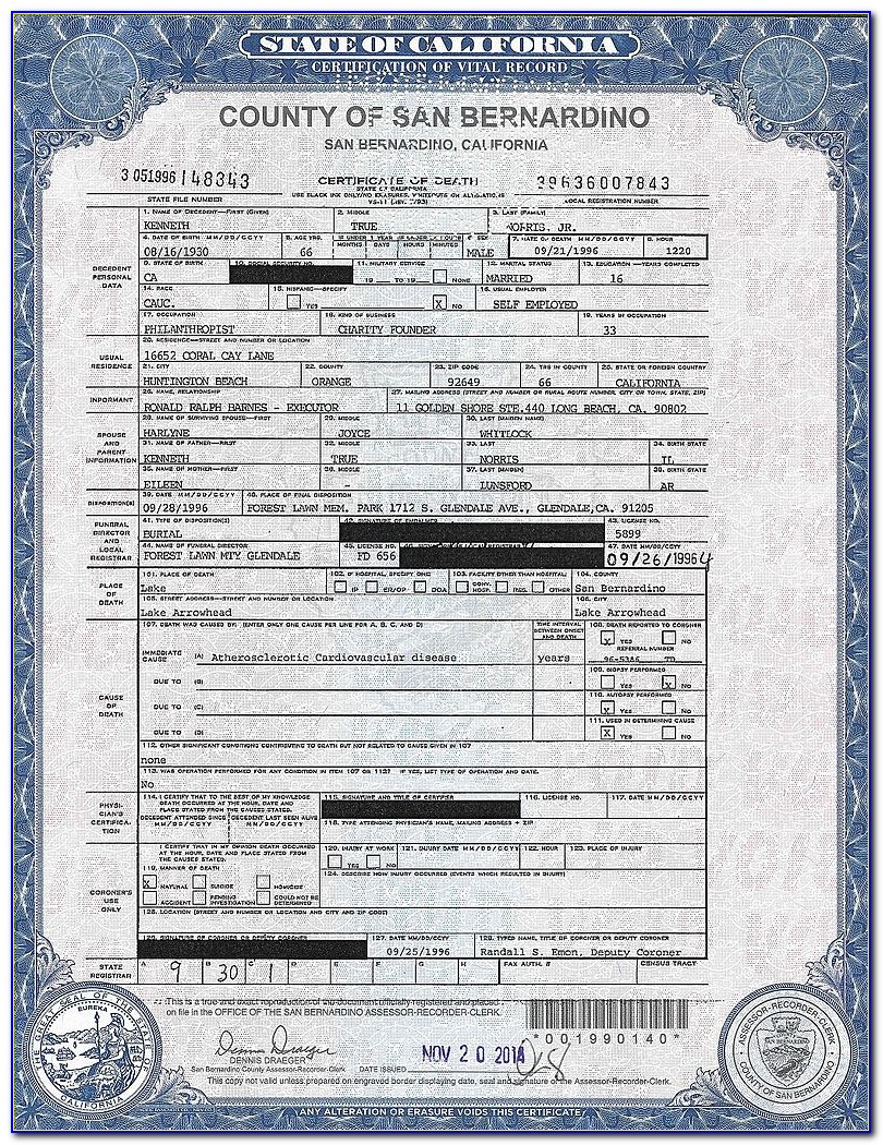Copy Of Death Certificate San Bernardino County