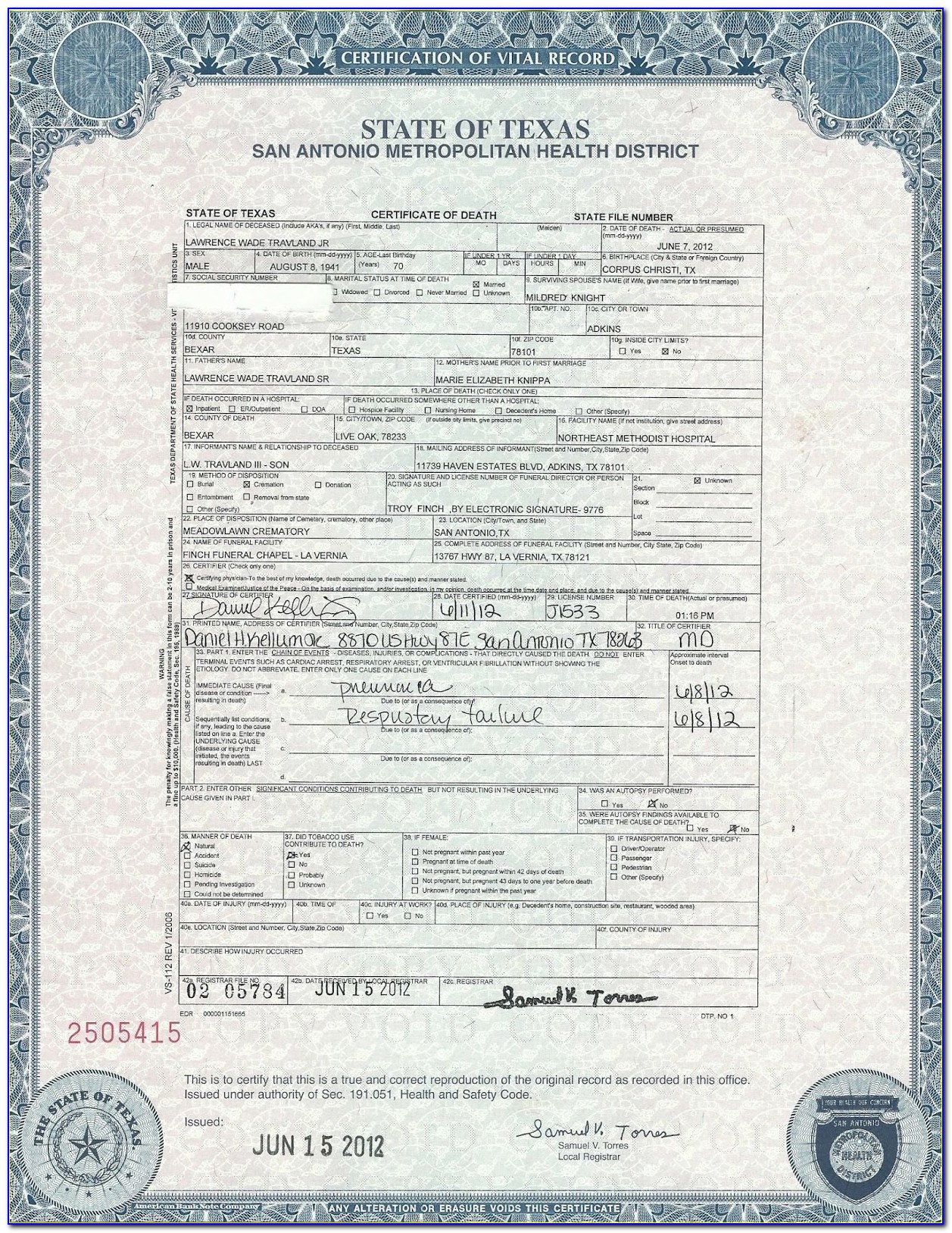 Death Certificate Bexar County Tx